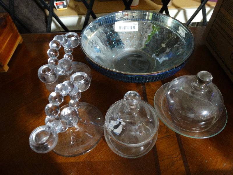 lot 264 image: Lot of Cut Glass, Glass Candle Holders, & Carnival Glass Bowl.