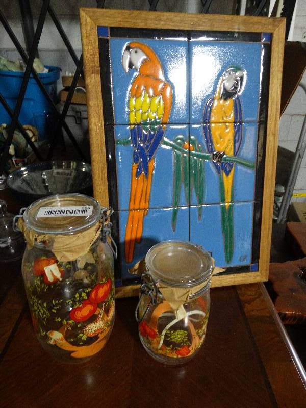 lot 266 image: Wood Framed Tile Art & Glass 2 pc. Canister Set.