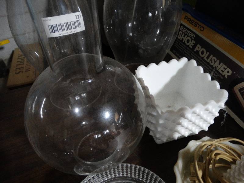 lot 272 image: Lot of Glass Hurricane Globes, Dishes, Hobnail Lamp & Planter.