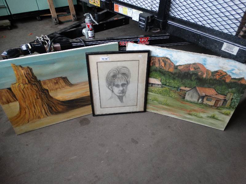 lot 280 image: 2 Unframed Paintings & Framed Drawing of a Woman.