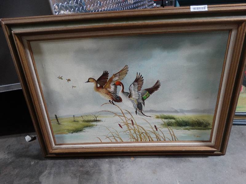 lot 284 image: Large Framed Painting of Ducks.