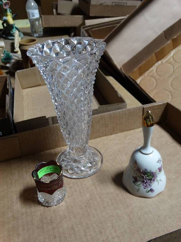 lot 298 image: Crystal Vase, Souvenir Toothpick Holder, Hand Painted Bell.