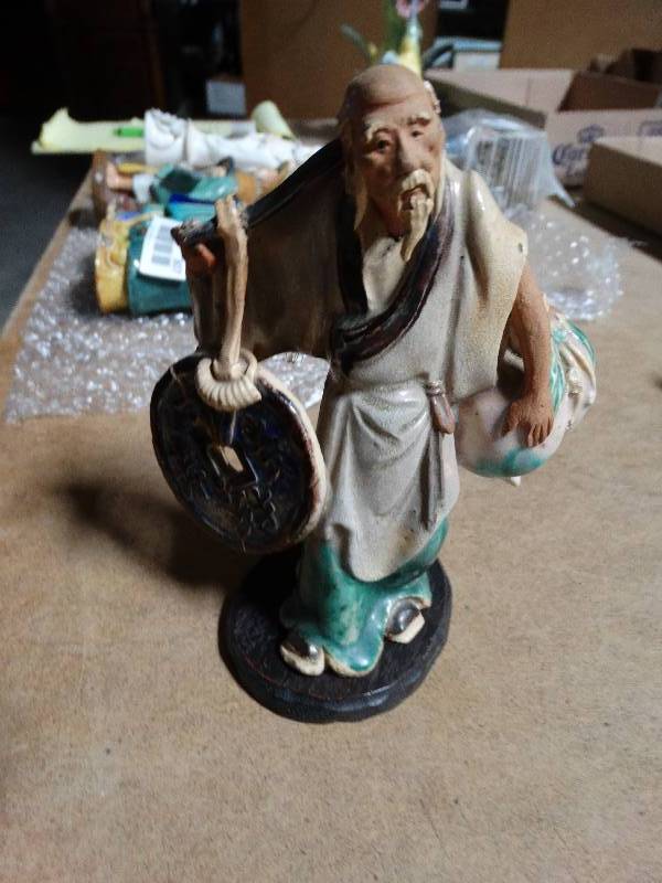 lot 306 image: 2 Vintage Chinese Pottery - Old Man on Wood Base.