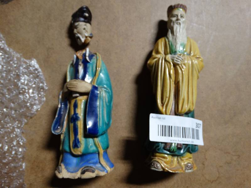 lot 307 image: 2 Vintage Chinese Pottery Statues - 1 needs Repair.  Appx. 7 inches tall each.