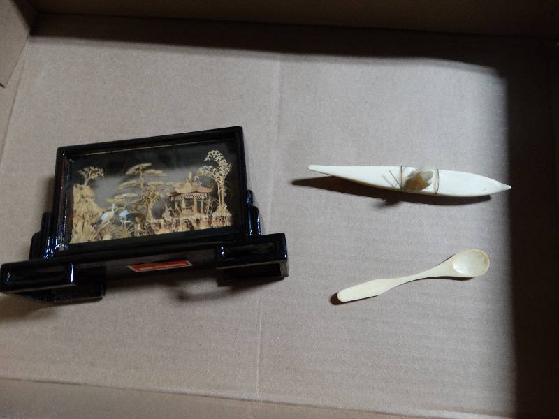 lot 312 image: Ivory Look Canoe Figurine & Ivory Look Spoon, Carved Chinese Wood Decor pc.