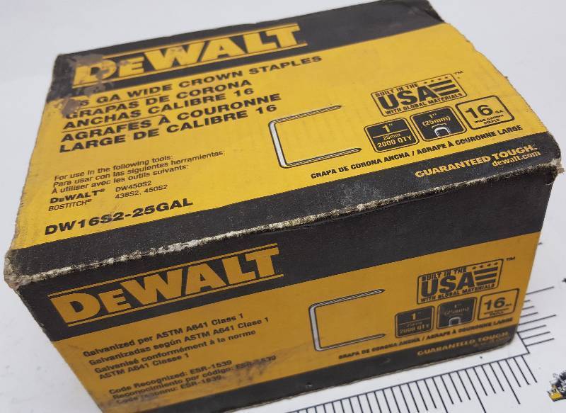 lot 5570 image: New box of 2000 DEWALT 16S2 staples are 16-Gauge 1 in. crown staples for construction applications such as lathing.