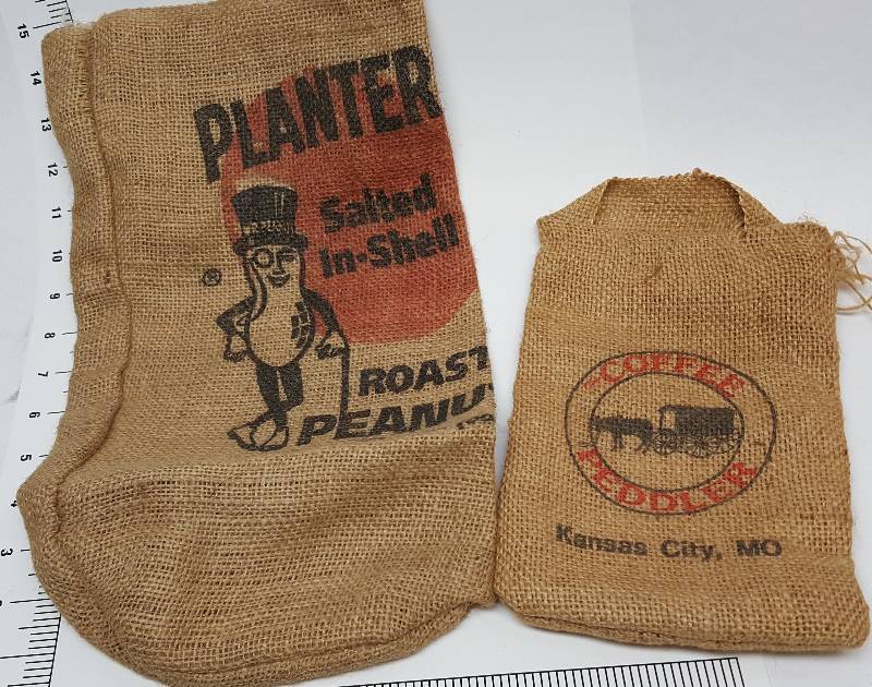 lot 5412 image: Pair of cool old Burlap bags for your peanuts, coffee or just hangin on the wall