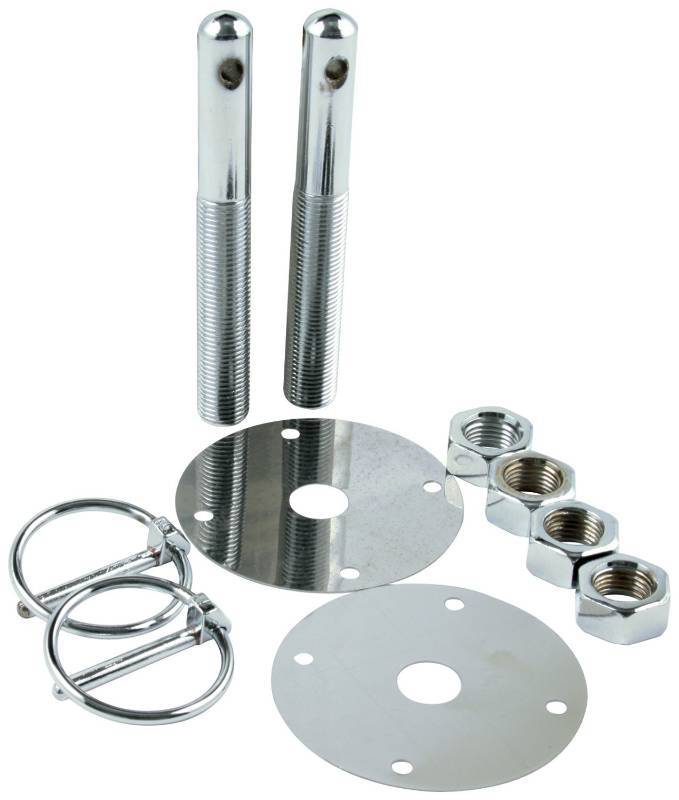 lot 5406 image: New set Allstar Performance ALL18512 chrome and stainless steel 12 X 4 Hood Pin Kit with 316 Flip-Over Clip