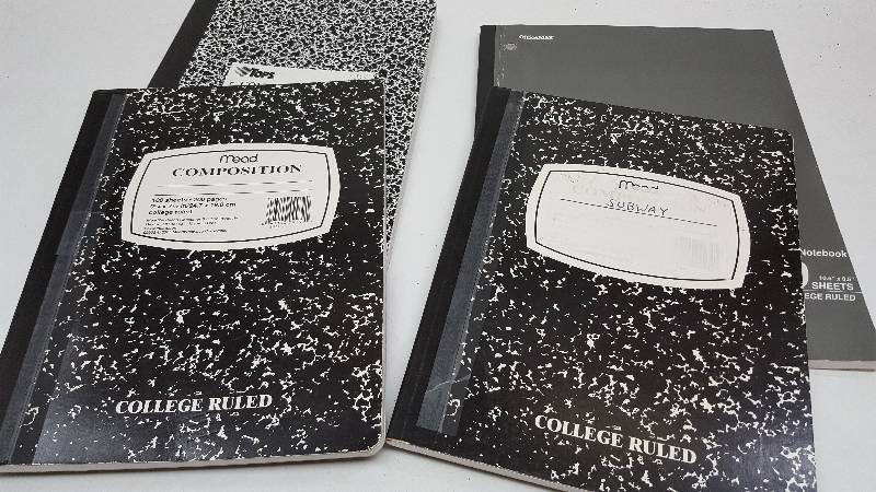 lot 5379 image: 4 like new Mead brand style College Ruled pages notebooks. Might have the first few pages missing.