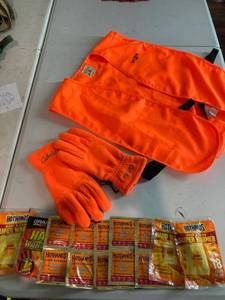 lot 35311 image: Hunting Assortment (Readhead Hunting Vest Blaze Orange, Cabelas Blaze Orange Gloves XL and Hothands Packets)