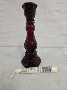lot 2008 image: Vintage Avon Ruby Red Cape Cod 1876 Collection Glass candlestick including taper candle