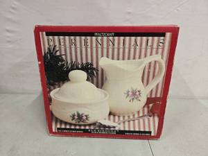 lot 2014 image: Vintage Pfaltzgraff Perennials Red Ribbon Sugar and Creamer set