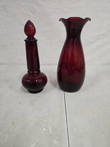 lot 2028 image: Anchor Hocking Ruffled Rim Vase & Vintage Avon Ruby Red Cape Cod 1876 Collection Genie shaped perfume decanter
