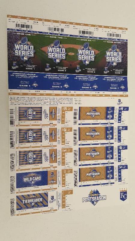 lot 1128 image: 2015 World Series Official MLB Authentic Kansas City Royals Tickets Complete Set Uncut Framed