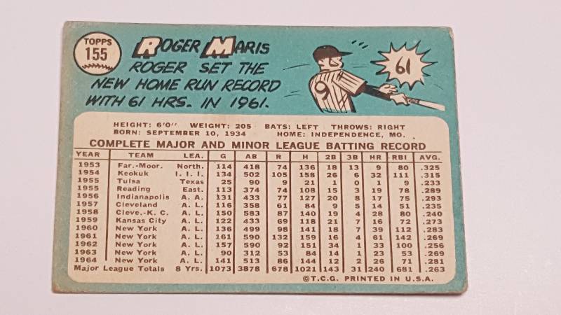 1965 Topps #155 Roger Maris New York Yankees Baseball Card