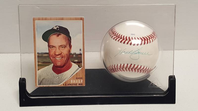 lot 1122 image: Hank Bauer Autographed Official League Baseball Kansas City Athletic As w Display & COA