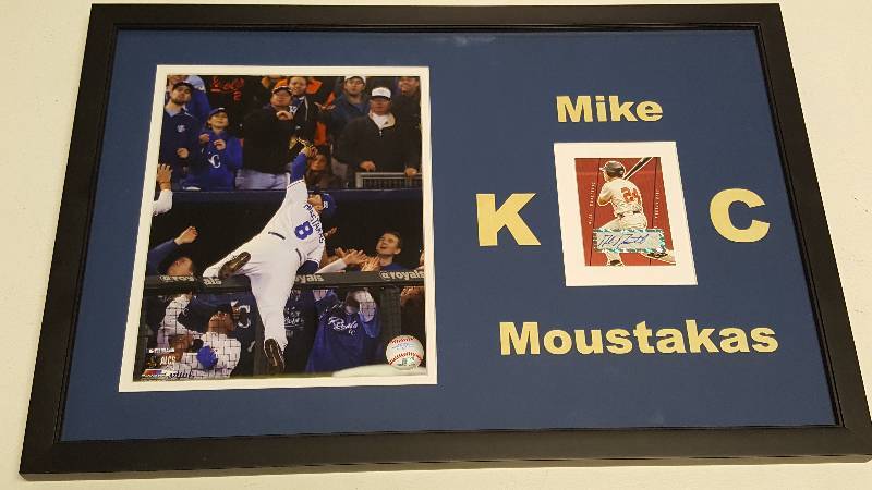 lot 1131 image: Mike Moustakas Autographed Baseball Card Framed w MLB World Series Glossy Photo & COA