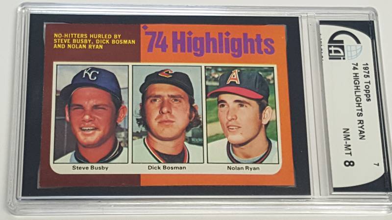 lot 1172 image: 1974 Topps Highlights #7 Nolan Ryan & Steve Busby No-Hitters Graded GAI 8 HOF