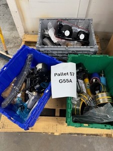 lot 57 image: G55a - Pallet of items - Machine parts, heavy parts, unknown items, scrap, etc.  Must load or have forklifted to your truck.