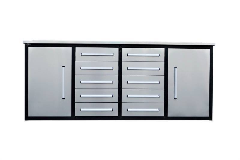 lot 1142D image: Unused 2024 Steelman 7FT-10D Stainless Steel Work Bench with 10 Drawers & 2 Cabinets