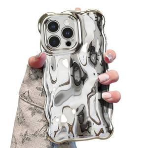 lot 18386 image: UEEBAI Case for iPhone 14 Pro Max 6.7 inch, Cute Solid Color Curly Wave Shape Shockproof Soft Bumper Phone Case, Candy Water Ripple 3D Silicon Slim Pretty Case Aesthetic Cover, Silver
