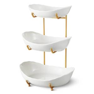 lot 18392 image: HOMKULA Fruit Bowl for Kitchen Counter - 3 Tier Ceramic Serving Bowls with Metal Stand, Tiered Fruit Basket for Fruit Vegetable Storage, Snack, Nuts, Cake, Dessert (Sliver)