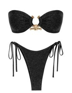 lot 18423 image: ZAFUL Strapless Glitter Bikini Tie Metal Front Ring Bathing Suit Two Piece Bandeau Swimsuit Classic Black XS