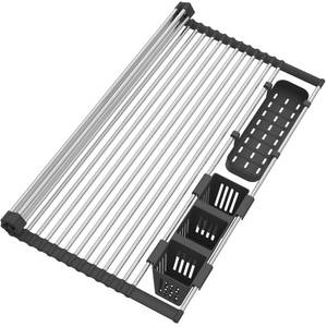lot 18440 image: Extra Large Black Expandable Roll Up Dish Drying Rack Up to 25.1with 2 Storage Baskets,Over The Sink Kitchen Rolling up Dishes Drainer, Foldable,Rollable