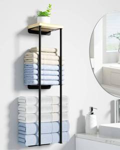 lot 18444 image: Towel Racks for Bathroom, 2 Tier Wall Towel Holder with Wood Shelf, Metal Wall Towel Rack Mounted Towel Storage for Small Bathroom Black)