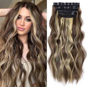 lot 18455 image: Clip in Synthetic Hair Extensions Long Wavy 4PCS Thick Hairpieces Blonde Highlighted Medium Brown Fiber Double Weft Natural Hair Extensions 20 Inch for Women (4pcs, 20Inch, 86H10#)