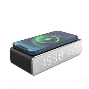 lot 18531 image: Lonferuo LED Smart Digital Alarm Clock with Wireless Charger, Thermometer and Time, Qi-Certified for Bedroom, Meeting, Travel, Homework and More (Black)