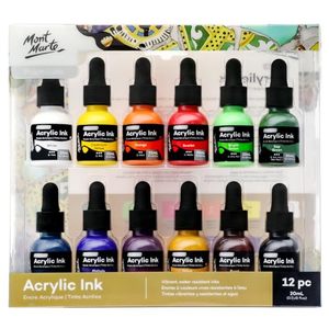 lot 18537 image: Mont Marte Acrylic Ink Premium 12pc x 20ml (0.7 US fl.oz), Acrylic Inks for Artists, Essential Colors, Ideal for Air Brush, Pouring Art, Scrapbooking, Ink Drawing, Mixed Media