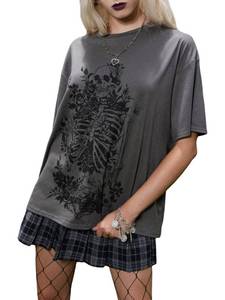 lot 18565 image: Verdusa Womens Gothic Pattern Round Neck Half Sleeve Oversized Drop Shoulder Tee Shirt Dark Grey S
