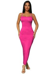lot 18567 image: Verdusa Womens Criss Cross Backless Spaghetti Strap Long Cami Bodycon Dress Solid Hot Pink M