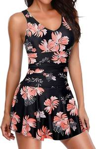 lot 18569 image: Yonique One Piece Swimsuits for Women Modest Tummy Control Swimdress Vintage Bathing Suits Skirt Swimwear Black and Green Leaves S