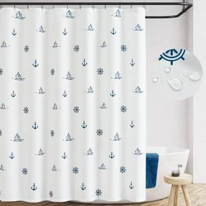 lot 18396 image: jinchan Blue and White Shower Curtain Nautical for Bathroom Kids Cartoon Printed Fabric Shower Curtain Ocean Sailboat Simple Waterproof in Bath 70x72 inches Shower Curtains Set with Hooks Dorm