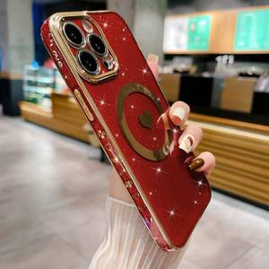 lot 18590 image: MGQILING Compatible with iPhone 13 Pro Max Magnetic Glitter Case-6.7 Inch, Luxury Love Heart Pattern Plating Case, Compatible with MagSafe for Women Girls Shockproof Back Cover-Red