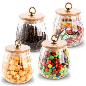 lot 18448 image: Frcctre 3 Pack 25 Oz Glass Airtight Storage Jar Glass Canister with Bamboo Lid, Decorative Petal Storage Container with Metal Handle for Dry Food, Tea, Cookie, Candy, Sugar, Nuts