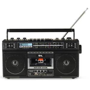 lot 18458 image: QFX J-220BT Boombox MP3 Conversion from Radio to Cassette with 4-Band (AM, FM, SW1, SW2) Radio with Bluetooth, Dual 3� Speakers, Built-in Microphone, Recorder, and a 3-Band Equalizer
