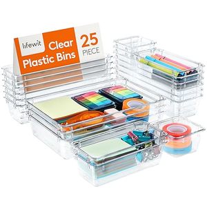 lot 18645 image: Lifewit 25 PCS Drawer Organizer Set Clear Plastic Desk Drawer Dividers Trays Dresser Storage Bins Separation Box for Makeup, Jewelries and Gadgets, Bedroom, Bathroom, Office