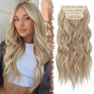 lot 18647 image: FESHFEN Clip in Hair Extensions 4 PCS Thick Highlighted Hairpieces Long Wavy Clip in Hair Piece Full Head Synthetic Hair Extension for Women, Caramel Brown Mixed Beige Blonde 20 Inch
