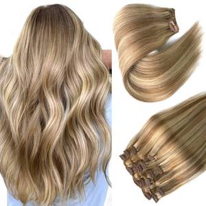 lot 18650 image: Hair Extensions Clip in Human Hair, Golden Blonde to Light Blonde Highlights Remy Human Hair Clip in Extensions 7 Pieces 70G Double Wefts 14 Inch Clip in Hair Extensions for Fine Hair Women