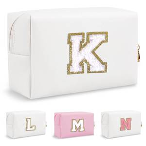 lot 18653 image: Personalized Small Travel Preppy Makeup Bag,Chenille Letter White Initial Cosmetic Pouch Travel Toiletry Organizer, Waterproof PU Leather Makeup Storage Birthday Gift for Women Best Friends(Letter K)