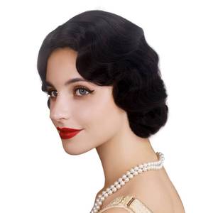 lot 18661 image: REEWES Long 1920s Wig Finger Wave Wig Curly Short Wig Vintage Wigs for Women Lady Synthetic Heat Resistant Full Wigs Cosplay Costume Fancy Dress With Wig Cap (Black)