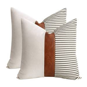 lot 18500 image: cygnus Set of 2 Farmhouse Decor Stripe Patchwork Linen Throw Pillow Covers,Modern Tan faux Leather Accent Pillow Covers 18x18 inch,Gray