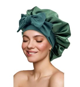 lot 18505 image: Satin Silk Hair Bonnet for Sleeping Large Bonnets with Tie Band Hair Wrap with Adjustable Straps Hair Cap Night Sleep Caps for Women Curly Braid Hair Hunter Green