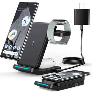 lot 18524 image: Houflody 3 in 1 Foldable Wireless Charging Station Only for Google Pixel Watch 2, Pixel Buds Pro and Google Pixel 8a8 Pro87 Pro7a76ProFold, Wireless Charger with QC 18W Adapter, Black