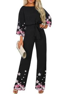 lot 18568 image: Happy Sailed Women Casual Loose Three Quarter Sleeve Belted Wide Leg Pant Romper Jumpsuits Black 3 Medium
