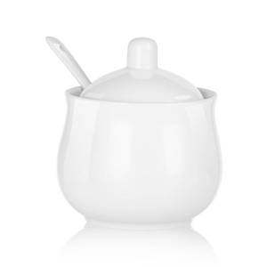 lot 18610 image: CHILDIKE Ceramic Sugar Bowl with Lid and Spoon, White Porcelain Sugar Salt Pepper Storage Jar, 8 Ounces