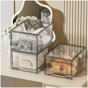 lot 18624 image: ZHIAI 3 Piece Set Stripes Stackable Makeup Organizer Drawers, Plastic Bathroom Organizer, Cosmetic Storage Box for Vanity, Undersink, Skincare, Kitchen Cabinets, Pantry Organization